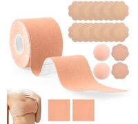 Boob Tape, Set de Cinta Adhesiva Pecho con Pezoneras Adhesivas Invisibles - Efecto Push-Up & Look Pecho Reforzado | 5m Cinta Elástica + 2 Pegatinas Sujetador Silicona Reutilizables para Copas A-G