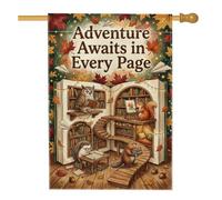 Book Lover Autumn Adventure - Bandera de casa abierta, 71 x 101 cm | Tema literario, bandera de patio, animales del bosque, cita de lectura, escena acogedora de biblioteca