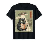 Book Lover UFO Alien Abduction Vintage Japanese Cat Camiseta