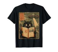Book Lover UFO Alien Abduction Vintage Japanese Cat Camiseta