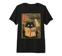 Book Lover UFO Alien Abduction Vintage Japanese Cat Camiseta Premium