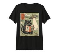 Book Lover UFO Alien Abduction Vintage Japanese Cat Camiseta Premium