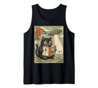 Book Lover UFO Alien Abduction Vintage Japanese Cat Camiseta sin Mangas
