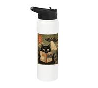 Book Lover UFO Alien Abduction Vintage Japanese Cat Stainless Steel Insulated Water Bottle