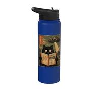 Book Lover UFO Alien Abduction Vintage Japanese Cat Stainless Steel Insulated Water Bottle