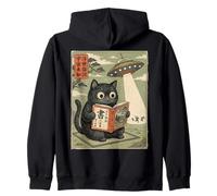 Book Lover UFO Alien Abduction Vintage Japanese Cat Sudadera con Capucha