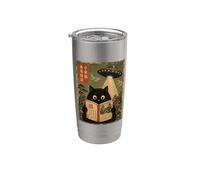 Book Lover UFO Alien Abduction Vintage Japanese Cat Vaso térmico de acero inoxidable de doble pared