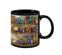 Book Lovers Ceramic Mug - 350ml Heat-Resistant Coffee Cup, Colorful Bookshelf Design Mug for Reading Enthusiasts Cat Lovers | Ceramic Cup for Tea Chocolate Juice Water | Ideal for Home Dorm Hotel
