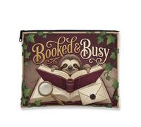 Booked & Busy - Bolsa de maquillaje de perezoso vintage, bolsa de viaje para mujeres, organizador portátil de lona con cremallera, lindo para todas las estaciones, Borgoña, 7x9 Inch, Perezoso