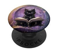 Bookish Witchy Decor Aesthetic Purple Black Witch Cat Books PopSockets PopGrip Intercambiable