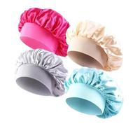 Boolavard 4 Pack Gorro de Seda para Dormir Gorro de Satén para Mujer Gorro de Pelo con Forro de Satén de Doble Capa (FR/ES, Letras, Talla única, Rojo Rosa, Caqui, Plateado y Verde Menta)