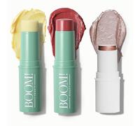 BOOM! by Cindy Joseph Boomstick Trio, incluye barra de rubor en rosa nude, barra iluminadora y barra hidratante, paquete de 3 barras de maquillaje veganas multiuso para pieles maduras
