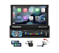 BOOMBOOST Estéreo de Coche de un Solo DIN Carplay inalámbrico Android Auto, Pantalla táctil abatible automática de 7 Pulgadas Compatible con Bluetooth FM Mirror Link USB/AUX/TF+cámara 4LED