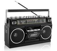 Boombox Retro 80s con Bluetooth y Reproductor de Casete | Radio Am/FM/OL, Sonido de Graves Potente 24W, Reproducción USB & Micro SD - Toma de Auriculares y Portátil para Interior/Exterior