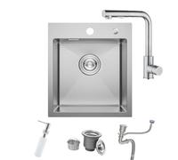 BoomHoze Fregadero Pequeño con Grifo Mezclador, 40x45 cm, Encastre Superior, de Acero Inoxidable, de Un Seno en Níquel Cepillado con Dispensador de Jabón y Sifón, para Cocinas Pequeñas, Autocaravana