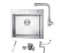 BoomHoze Fregadero Pequeño con Grifo Mezclador, 55x45 cm, Encastre Superior, de Acero Inoxidable, de Un Seno en Níquel Cepillado con Dispensador de Jabón y Sifón, para Cocinas Pequeñas, Autocaravana