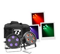 BoomToneDJ FlatPAR 5X5W 4in1 Set RGB-UV - Juego de 2 luces de escenario LED multicolor con DMX 512 Modos automáticos, detección musical, mando a distancia IR incluido Link fuente de alimentación.