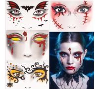 BOOMTOP 4 Hojas Tatuaje Purpurina Cara de Herida Murciélago Araña, Pegatinas de Polvo Brillante Autoadherente para Halloween, Decoración Temporal