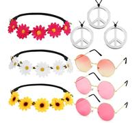 BOOMTOP 9pcs Disfraz Hippie Accesorios, Diadema Corona Flor Daisy Kit Hippie Gafas de Sol Colores Collar Hippie, Juego Disfraz Hippie Retro Mujer Niñas Carnaval Años 60 70, 3 Kit