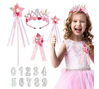 BOOMTOP Diadema Corona Cumpleaños Niñas con Números Intercambiables del 0 al 9, Corona Unicornio Regalo Niñas, Diadema Infantil Corona Niñas Cumpleaños, Kit Sombrero Broche Unicornio/Varita Mágica