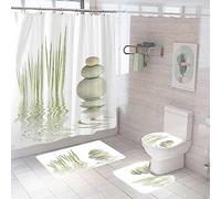 BOONGA Flores Piedra Zen Cortinas de Ducha de 4 Piezas con Alfombras Antideslizantes, Cubierta Tapa de Inodoro, Alfombrilla de Baño, Cortina de Ducha con 12 Ganchos, 200 x 220 cm