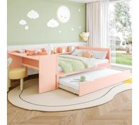 boorbin 140 x 200 cm, cama plana, de madera, con escritorio, con cama plegable, cama doble (sin colchón), con estantes, pino+tablero de partículas (rosa)