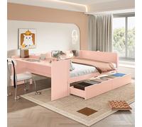 boorbin 140 x 200 cm, cama plana de madera, con escritorio, equipada con 2 cajones, cama doble (sin colchón), con estantes, pino + tablero de partículas (rosa)