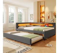 boorbin 140 x 200 cm, cama tapizada, cama con tira de luz LED mando a distancia en el extremo de la cama, cama con cama nido, USB + tipo C, lino, (sin colchón) (gris)