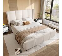 boorbin 140 x 200 cm, marco de cama tapizado elegante y moderno, cabecero alto y reposapiés, puerto USB certificado, combinación de marco de hierro y tablero de madera, estable y duradero (beige)