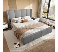 boorbin 140 x 200 cm, marco de cama tapizado elegante y moderno, cabecero alto y reposapiés, puerto USB certificado, combinación de marco de hierro y tablero de madera, estable y duradero (gris)