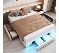 boorbin 140 x 200 estructura de cama con cajones, cama de piel sintética sin cabecero con tira de luz LED, listones de metal, cama de plataforma para dormitorios modernos beige