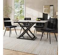 boorbin 5-TLG Juego de comedor extensible para 4 personas, mesa de comedor con 4 sillas de comedor, sillas de comedor de terciopelo, mesa de comedor de mármol (blanco, 160 x 80 x 75 cm)