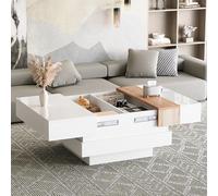 boorbin 70 x 70 x 39 cm, brillante, con tablero extensible, mesa auxiliar, mesa de centro cuadrada con espacio de almacenamiento oculto y separadores, color blanco + color primario