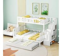 boorbin 90 x 200/140 x 200 cm, litera de madera maciza con escalera de seguridad, cama plegable y somier, color blanco