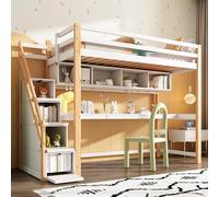 boorbin 90 x 200 cm, cama alta para niños con escalera de almacenamiento de madera de pino, litera, cama infantil con gran escritorio y estantes, colores respetuosos con el medio ambiente (natural +