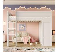 boorbin 90 x 200 cm, cama alta versátil, cama infantil, equipada con armario, compartimento de almacenamiento, espacio bajo la cama abierta, sin colchón, madera de pino, color blanco