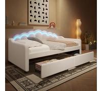 boorbin 90 x 200 cm, cama de día con cajones, sofá cama, cama individual (sin colchón), terciopelo, tiras LED que cambian de color (beige)