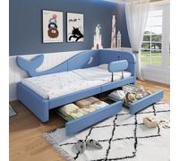 boorbin 90 x 200 cm, cama de empalme infantil, cama tapizada, cama de día, diseño ballena, sofá cama con estructura de metal, 2 cajones con ruedas, PU+MDF+madera contrachapada, azul