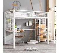 boorbin 90 x 200 cm, cama de hierro, litera, cama alta, adecuada para niños y adolescentes, con mesa y armario, escalera lateral con pasamanos, hierro+tablero de partículas (blanco y natural)