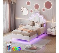 boorbin 90 x 200 cm, cama de princesa plana en forma de corona, acolchado suave de piel sintética, tira de luz LED ajustable (blanco)