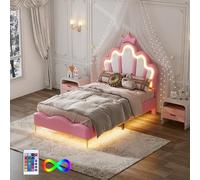 boorbin 90 x 200 cm cama doble plana de princesa en forma de corona, acolchado suave de piel sintética, tira de luz LED ajustable (rosa)