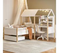 boorbin 90 x 200 cm cama infantil con protección anticaída y somier de láminas, escritorio en forma de L y estantería, cajones con ruedas, cama multifuncional de madera maciza, color blanco