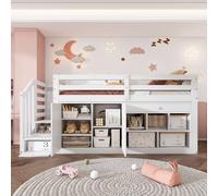 boorbin 90 x 200 cm Cama infantil multifuncional de madera, escaleras/armarios intercambiables, izquierda y derecha, cajones reversibles y utilizables como escritorio, color blanco