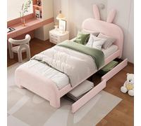 boorbin 90 x 200 cm, cama plana, acolchada, resistente a la lana de oveja, diseño de conejo de dibujos animados, dos cajones (rosa)