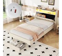 boorbin 90 x 200 cm, cama plana, cama acolchada, lámpara de calor LED, enchufe USB, cabecero abatible, compartimento de almacenamiento integrado, cajas de cama (beige)