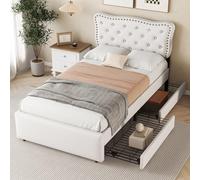 boorbin 90 x 200 cm cama plana, cama acolchada, tapicería de mesita de noche con remaches decorativos, cajones dobles (beige claro)