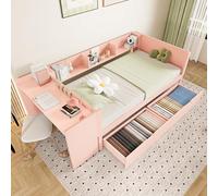 boorbin 90 x 200 cm, cama plana, cama de madera, con escritorio, equipada con 2 cajones, cama individual (sin colchón), con estantes, pino+tablero de partículas (rosa)