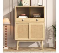 boorbin Aparador 80 x 39,5 x 120 cm, puertas con mimbre de ratán auténtico, dos cajones, dos puertas y dos compartimentos abiertos, patas de mesa de 28 cm de altura (color madera, 80 x 39,5 x 120 cm)