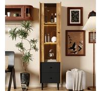 boorbin Aparador alto en grano de madera negra - 180 x 44 x 40 cm con puerta de cristal, luz LED amarilla, 2 cajones