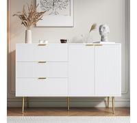 boorbin Aparador, armario de salón con puertas y cajones, estantes interiores, cómoda con asas y patas doradas (blanco+dorado, 120 x 38 x 80,5 cm)